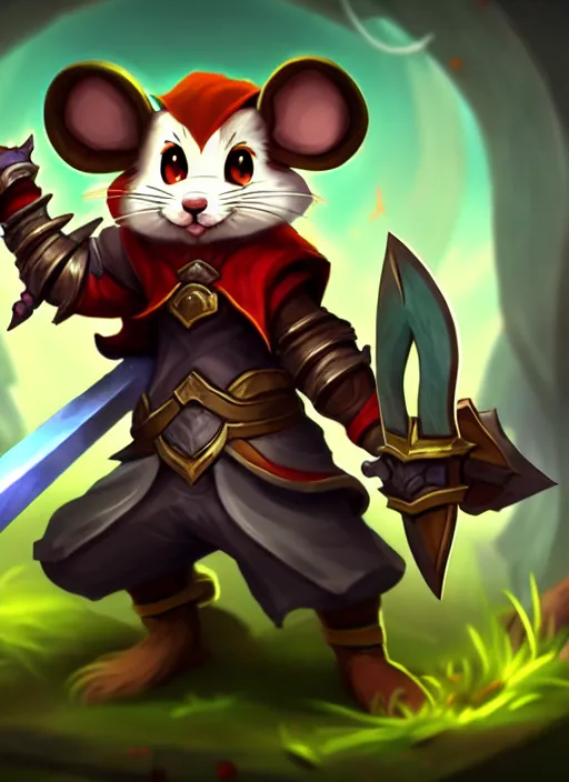 Image similar to a cute mouse boy furry with a sword and shield. league of legends splash art