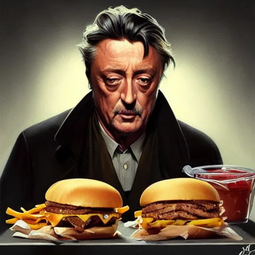 Prompt: portrait of robert mitchum eating hamburgers, extra onions and ketchup, luscious patty with sesame seeds, ethereal, handsome, d & d, fantasy, intricate, elegant, highly detailed, digital painting, artstation, concept art, matte, sharp focus, illustration, art by artgerm and greg rutkowski and alphonse mucha