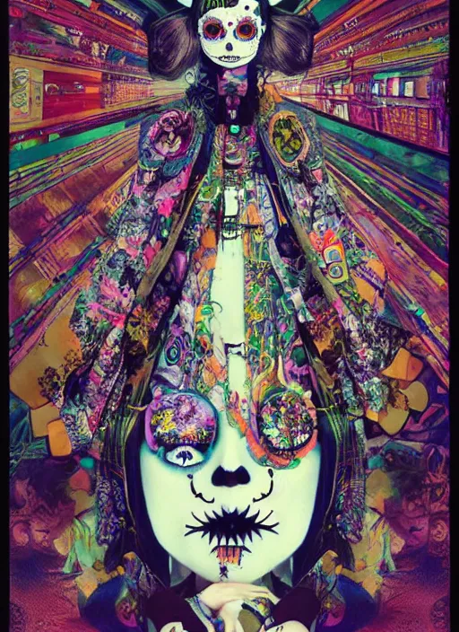 Prompt: cute punk goth fashion hippy fractal Día de los Muertos android girl wearing kimono made of circuits posing by Zhang Jingna, psychedelic poster art by Hannah Höch Käthe Köllwitz Victor Moscoso Rick Griffin Alphonse Mucha Edward Munch Ayami Kojima