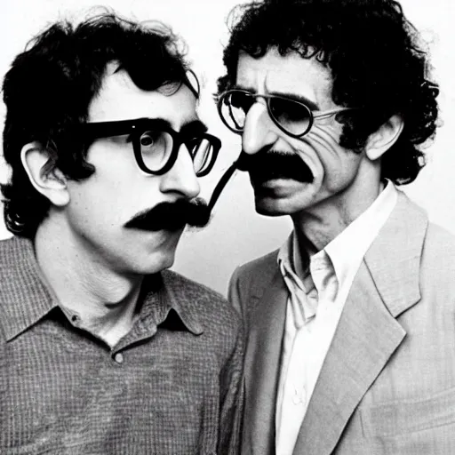 Prompt: a young Woody Allen with Frank Zappa\'s mustache, easy, famous, glossy, bizarrrrre, Woody Allen