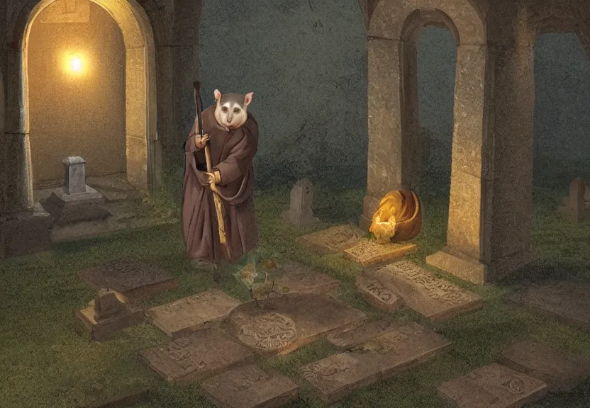 Image similar to a monk possum at a medieval cemetery at night, highly detailed, digital art, isometric