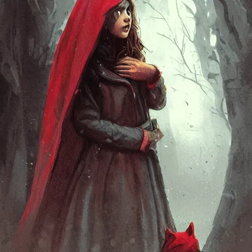 Prompt: cute Little red riding hood stands there crying, tear rolling down cheek, detailed intricate ink illustration, dark atmosphere, detailed illustration, hd, 4k, digital art, overdetailed art, concept art, by greg rutkowski, by loish, complementing colors, Trending on artstation, deviantart