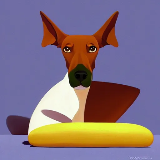 Image similar to goro fujita ilustration an affectionate and pretty doberman sitting on his bed by goro fujita, painting by goro fujita, sharp focus, highly detailed, artstation