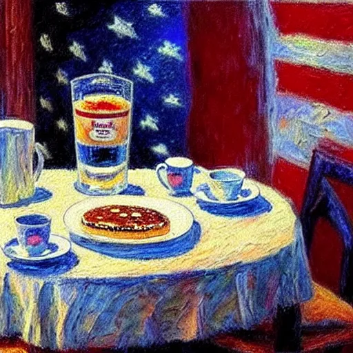 Prompt: impressionism painting American Breakfast in space drawn by Alan Bean
