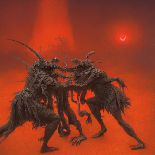 Image similar to two demons dance ballet in hell, beksinski, dariusz zawadzki, very coherent symmetrical artwork. cinematic, hyper realism, high detail, octane render, 8 k