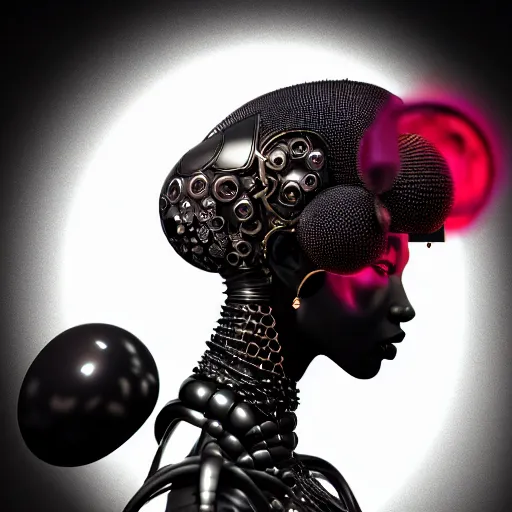 Image similar to portrait of an absurdly beautiful, graceful, sophisticated, fashionable black cyberpunk mechanoid gravure idol, hyperdetailed illustration by irakli nadar, adut akech, matt wisniewski style, intricate linework, dark black porcelain skin, jellyfish headdress, unreal engine 5 highly rendered, global illumination, red light, detailed and intricate environment