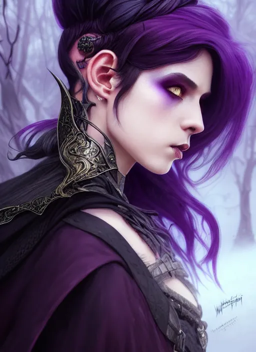 Image similar to side portrait dark witch, adventurer outfit large cloak, fantasy forest landscape, dragon scales, fantasy magic, undercut hairstyle, short purple black fade hair, dark light night, intricate, elegant, sharp focus, illustration, highly detailed, digital painting, concept art, matte, art by WLOP and Artgerm and Greg Rutkowski and Alphonse Mucha, masterpiece