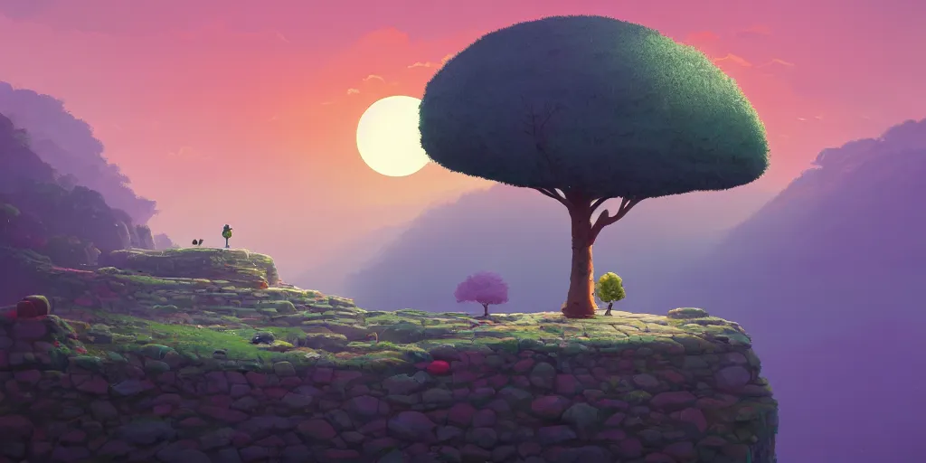 Prompt: a lonely cobblestone street with a tree on a cliff over the sea at sunset, brightly illuminated by rays of sun, by Goro Fujita and Simon Stalenhag , 8k, trending on artstation, hyper detailed, cinematic