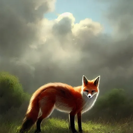 Image similar to the most beautiful realistic picture of a 🦊 surrounded by peaceful clouds by greg rutkowski, trending on artstation, concept art, matte painting, dynamic lighting, realism, happy feeling