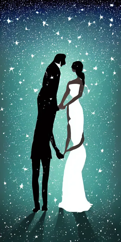 Image similar to at night, in the middle of a party, the back of an athletic handsome graying man carrying a white shirt with the mention FALL IN LOVE WITH JENNY NEVER RETURN, he's looking up a beautiful night sky full of stars, his silhouette glowing with the teal light from the pool, he is holding the hand of beautiful woman in a wedding dress. stylised highly detailed, artstation, colourful, strong