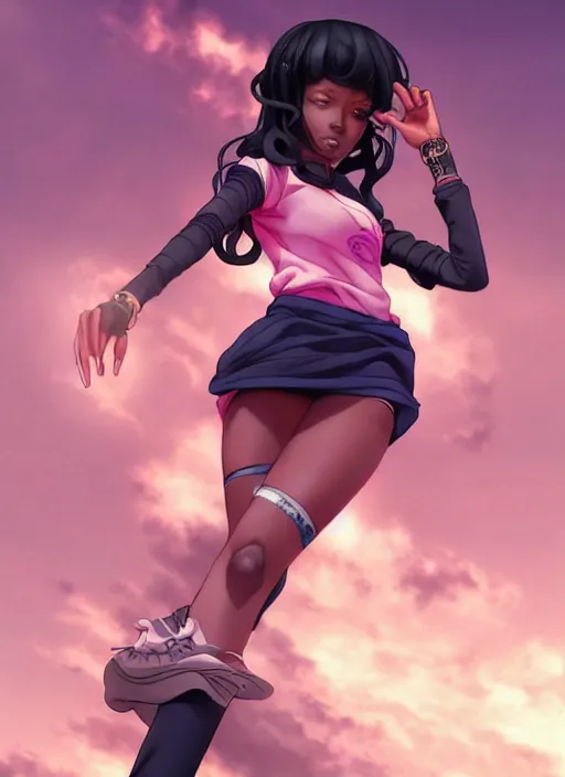 Prompt: beautiful hip hop young black woman, model pose, confident, anime style, scenery wallpaper aesthetic, pastel colors, symmetrical face, cinematic, dramatic, super detailed and intricate, hyper realistic, 4 k render, by artgerm, by kyoung hwan kim, by ralph mcquarrie, by yoshiyuki tomino