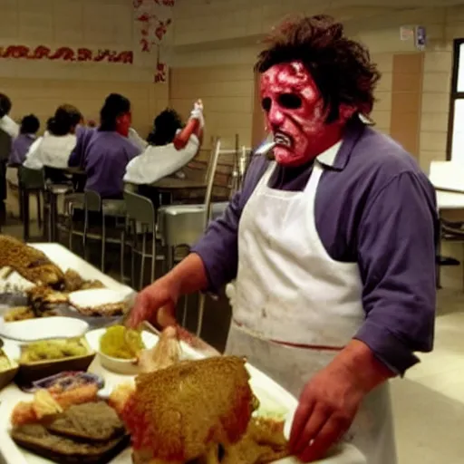 Prompt: Leatherface as a cafeteria attendant dishing out lunch to school kids in thr cafeteria at lunch time