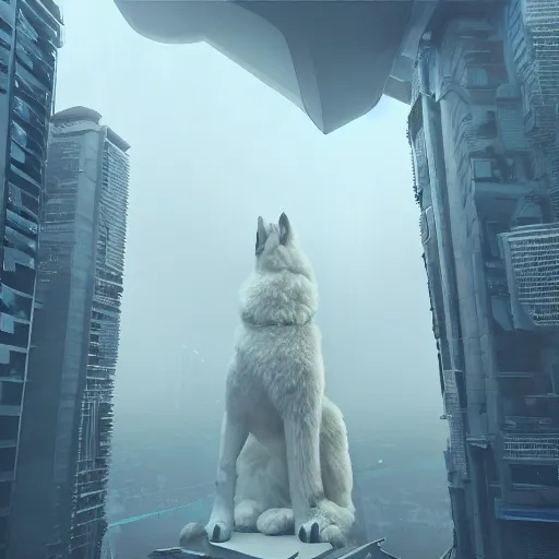 Image similar to a giant samoyed statue in the middle of a futuristic dystopian city, view from the sky, intricate artwork by beeple, beautiful, cinematic lighting, heavy mist, octane render, trending on artstation, greg rutkowski very coherent artwork. cinematic, hyper realism, high detail, octane render, 8k
