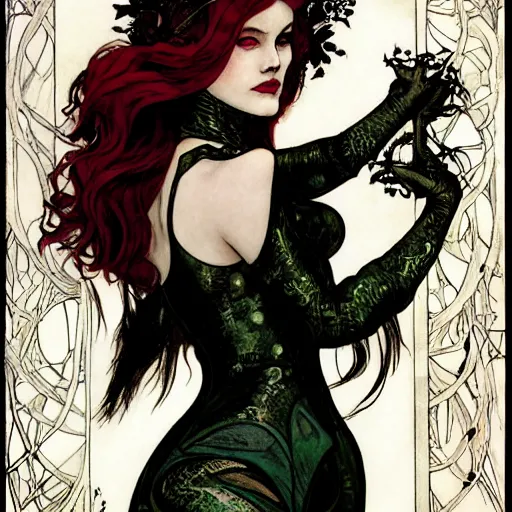 Image similar to a beautiful painting of poison ivy dressed as a goth teenager, leather armored, dark eyeliner, intricate, elegant, highly detailed, digital painting, artstation, concept art, matte, sharp focus, illustration, art byby rebecca guay and by arthur rackham and by alphonse mucha and by john william waterhouse, comic book style!!