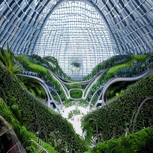 Image similar to stunning indoor jungle inside epic high technology biodome designed by zaha hadid, ultra detailed, highest quality, trending on artstation, polished minimalistic design, smooth organic forms, bio architecture, 8 k