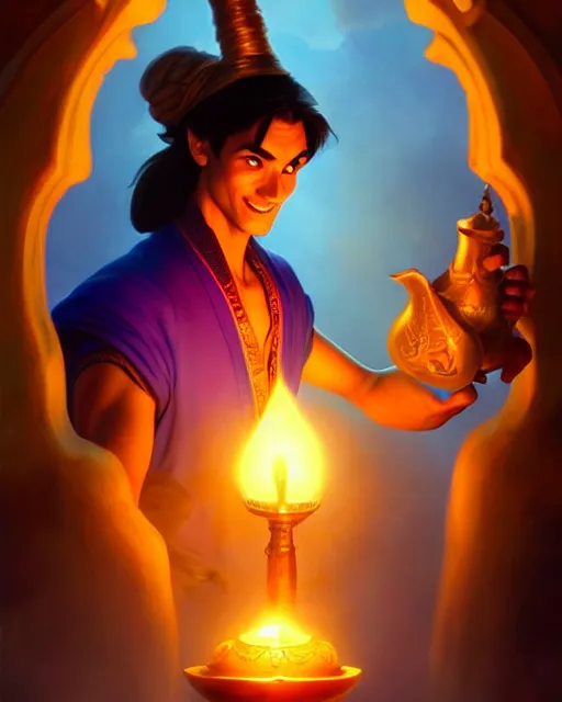 Prompt: Aladdin rubbing a magic lamp, genie emerges from the lamp, deep focus, D&D, fantasy, intricate, elegant, highly detailed, digital painting, artstation, concept art, matte, sharp focus, illustration, hearthstone, art by Artgerm and Greg Rutkowski and Alphonse Mucha