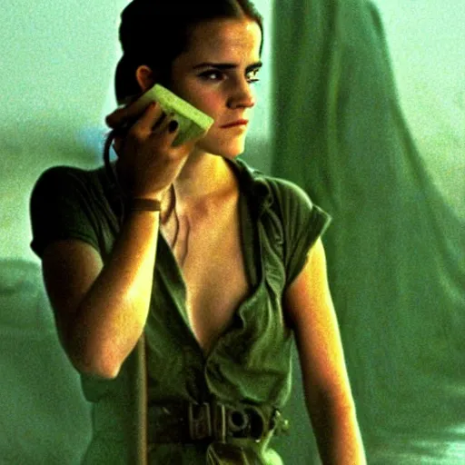 Image similar to film still, extreme far view, emma watson vietnam door gunner, film still from apocalypse now ( 1 9 7 9 ), 2 6 mm, kodak ektachrome, blue tint expired film,