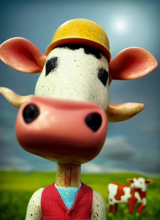 Image similar to highly detailed closeup, face profile portrait of a retro 1 9 5 0 s tin toy cow chewing cud on pasture, dream bubbles, unreal engine, nicoletta ceccoli, mark ryden, earl norem, lostfish, global illumination, detailed and intricate environment