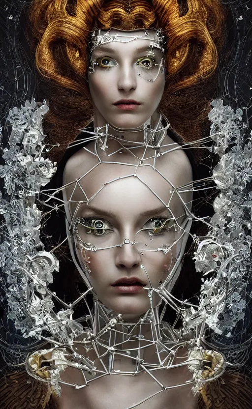 Prompt: the glass cyborg queen, elegant, striking glowing eyes, fashion, silver face paint, vogue poses, striking composition, highly detailed ornate sci fi background, vivid details, amalgamation of nature and technology, wires, glowing tubes, beautiful composition, painting in the style of sandro botticelli, caravaggio, albrecth durer, 8k