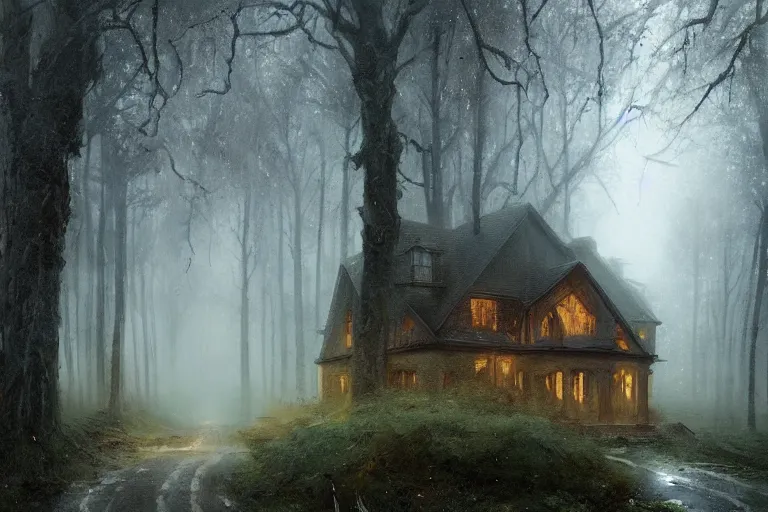 Prompt: a dark, mossy, gloomy, rainy ( ( ( ( road ) ) ) ) surrounded by woodland trees, leading to a beautiful, radiant house!!!!, illustrated by greg rutkowski and gaston bussiere, cgsociety contest winner, trending on artstation, intricately defined, complexly detailed, gloomy, rainy atmosphere, 4 k