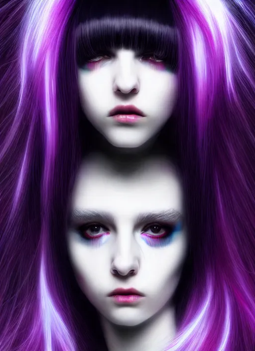 Image similar to hair whitebangs hair, black cyberlox, portrait of teenage girl with white bangs, whitebangsblackhair, messy bangs, cyberlox, whitebangs, red irises, purple clothes, intricate, elegant, glowing lights, highly detailed, digital painting, artstation, concept art, sharp focus, illustration, art by wlop, mars ravelo and greg rutkowski