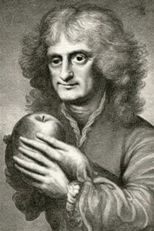 Image similar to isaac newton holding an apple, collage