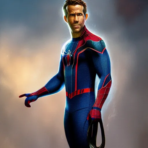 Image similar to ryan reynolds as a black and blue suit spider - man, cinematic, volumetric lighting, f 8 aperture, cinematic eastman 5 3 8 4 film, photorealistic by greg rutkowski, by stanley artgerm, by alphonse mucha