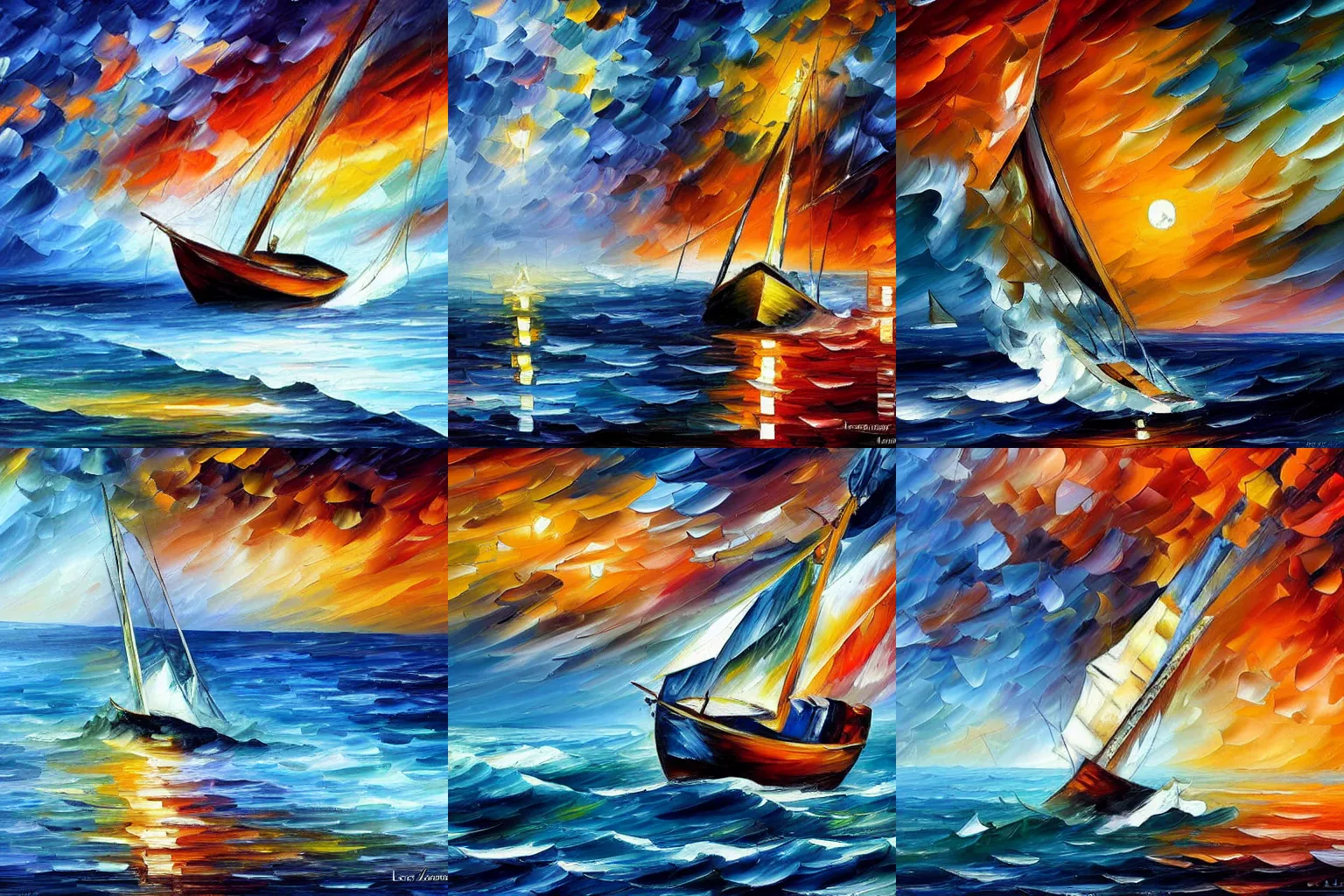 Prompt: a boat lost in storm on the sea, by leonid afremov.