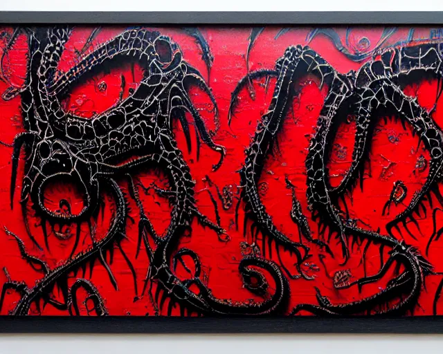 Prompt: 16k photorealistic image of a wall that has some lovecraftian graffiti on it inspired by wretched dragon rib cage. lovecraftian graffiti in red and black colors. the art is cursed and ecrusted with jewels. the grafiiti is inspired by cobwebs and venom.