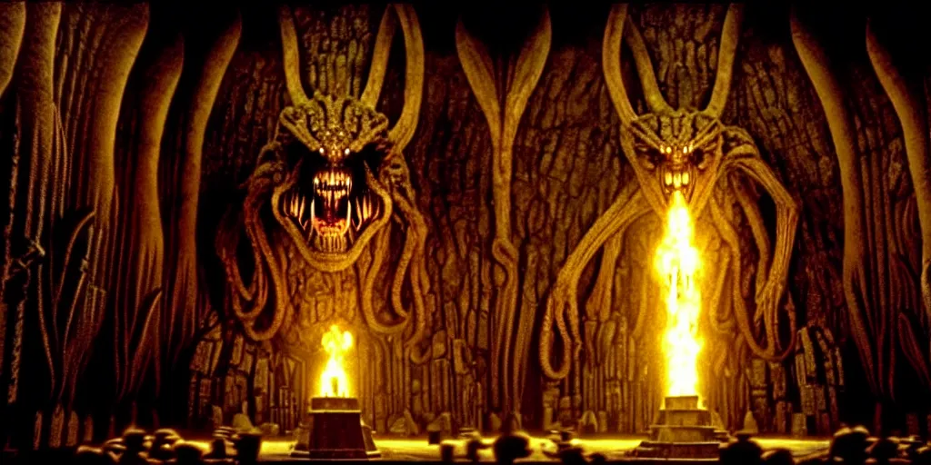 Image similar to huge balrog in the great hall of moria, columns along both sides of the great hall, balrog is breathing fire, style of h. r. giger, cinematic, movie still, cgi, directed by ridley scott