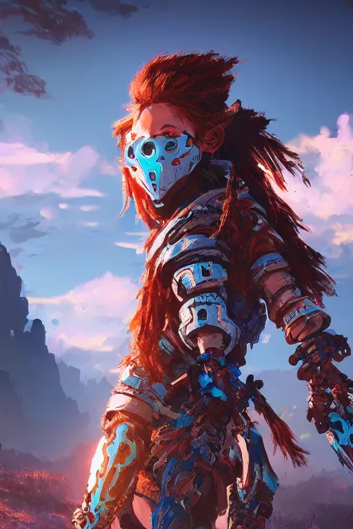 Image similar to combination suit armor aloy horizon forbidden west horizon zero dawn radiating a glowing aura global illumination ray tracing hdr fanart arstation by ian pesty and alena aenami artworks in 4 k tribal robot ninja mask helmet backpack