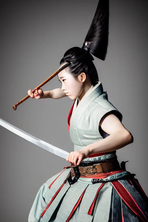 Image similar to highly detailed beautiful photo of a young female samurai, practising sword stances, symmetrical face, beautiful eyes, realistic anime art style, 8 k, award winning photo, pastels, action photography, 1 / 1 2 5 shutter speed, dramatic lighting