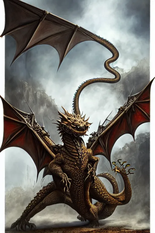 Image similar to hyper realistic dragon with steam punk tanks and tubes and breathing apparatus on its back, white background, full frame, art byjon foster