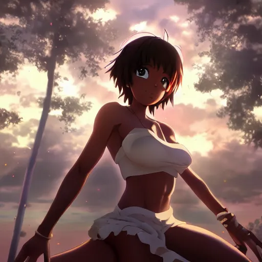 Prompt: a beautiful 3d brown anime girl, brown skin, black curly hair, thick body, Cinematic lighting, medium shot, in a anime masterpiece, highly detailed, Trending on artstation, unreal engine 4k, Cinematic wallpaper