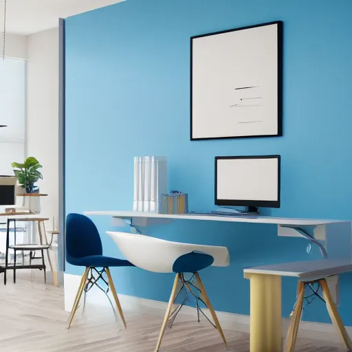 Image similar to interior of a modern office, pop art wallpapers, blue color scheme on furniture, photorealist, 4 k