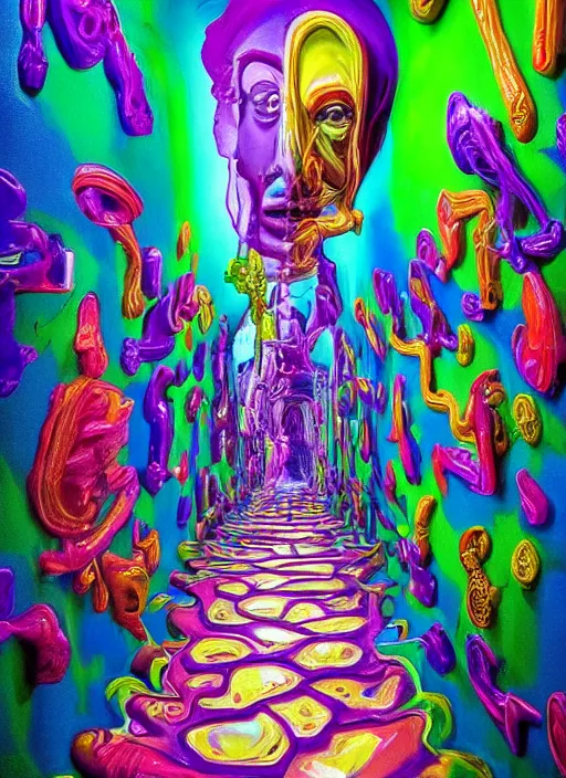 Prompt: an extremely high quality hd surrealism painting of a melting neon hallway made entirely out of sculptures by a much more skilled version of kandinskypicasso and salvia dali the fourth, 8k, clear shapes, defined edges, ultra realistic, super realistic,