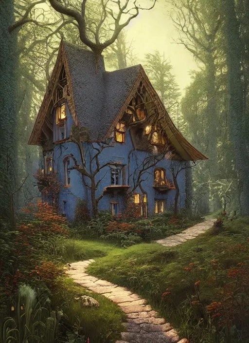 Prompt: hyper realistic homely ornate modern witch cottage distant down a path in the woods gorgeous lighting, blue sky, highly detailed, lush forest by zdzisław beksinski and norman rockwell and greg rutkowskiweta studio, and lucasfilm