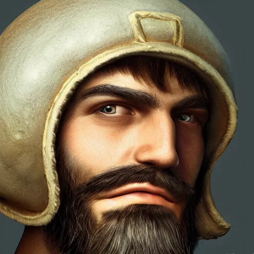 Image similar to highly detailed close up portrait of a bearded man in a mushroom hat, studio lightning, bright colors, intricate, masterpiece, photorealistic, hiperrealistic, sharp focus, high contrast, Artstation HQ, DeviantArt trending, 4k UHD, Unreal Engine 5