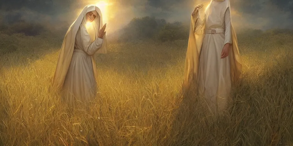 Prompt: nun in a field, opalescent skin, fantasy, intricate, very beautiful, elegant, golden light, highly detailed, art by artgerm and greg rutkowski and peter mordenbacher