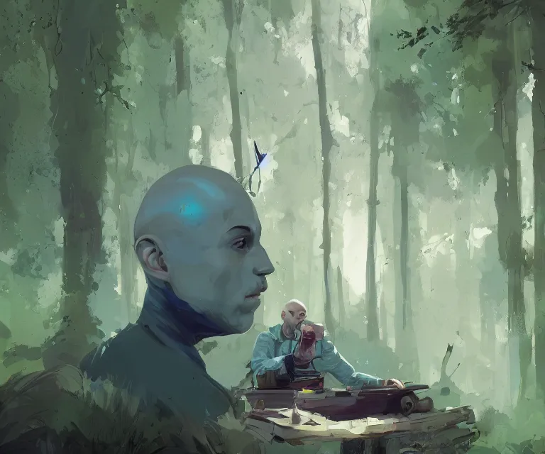 Image similar to painting portrait of a young bald blue - skinned wizard in a forest, masterpiece, trending on artstation, by ismail inceoglu