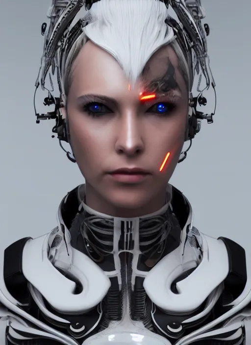 Image similar to white cyborg fashion shot, cyber copper wires and spirals hairdo, baroque design, headshot half figure, photorealistic, unreal engine, trending on artstation,