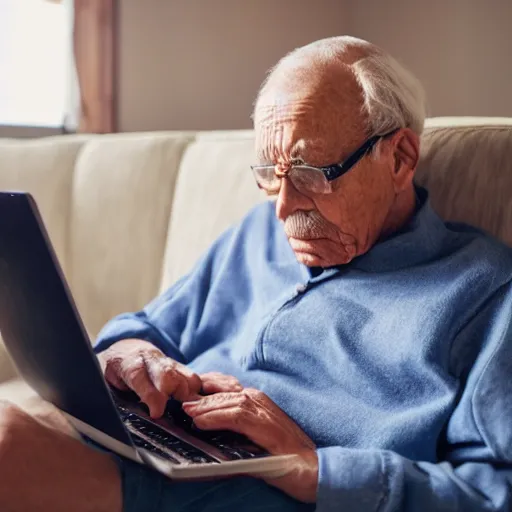 Image similar to elderly man sitting inside a casket browsing internet on laptop from a casket casket