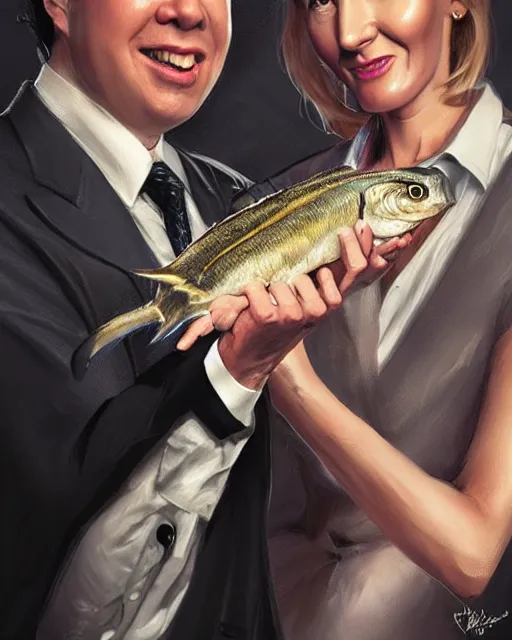 Image similar to j k rowling & michael mcintyre holding a ring pull can of sardines, elegant, real life skin, intricate, high detailed, artstation, concept art, smooth, sharp focus, art by artgerm and greg rutkowski