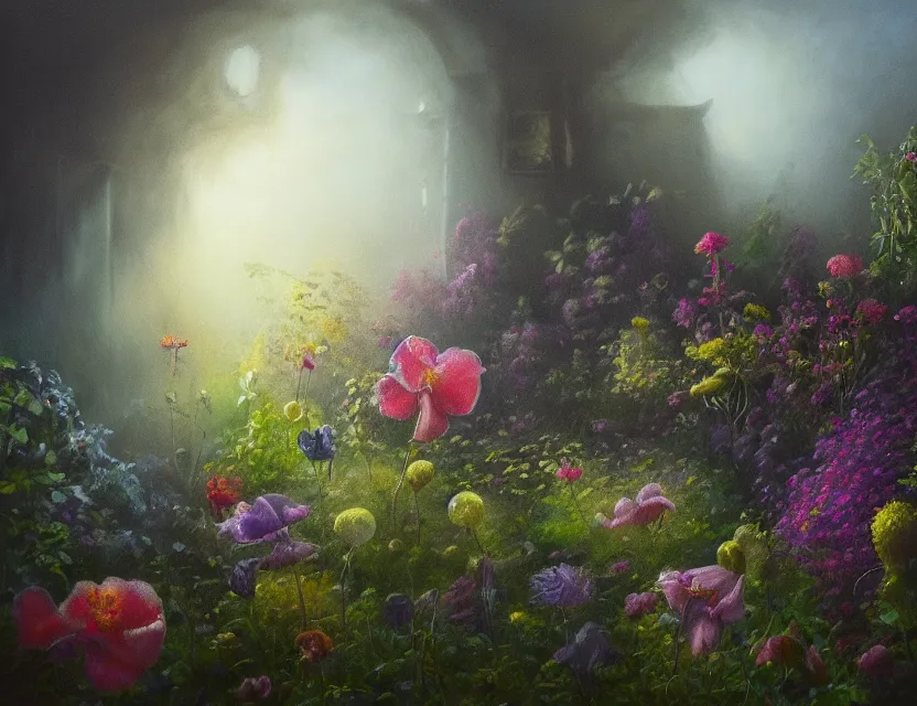 Prompt: amorphous, gooey life form spreading over a cottage garden in a beautiful foggy morning. oil painting, indie concept art, bloom, chiaroscuro, backlighting, intricate details, depth of field.