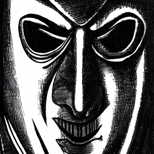 Image similar to hooded man with masked face, junji ito,