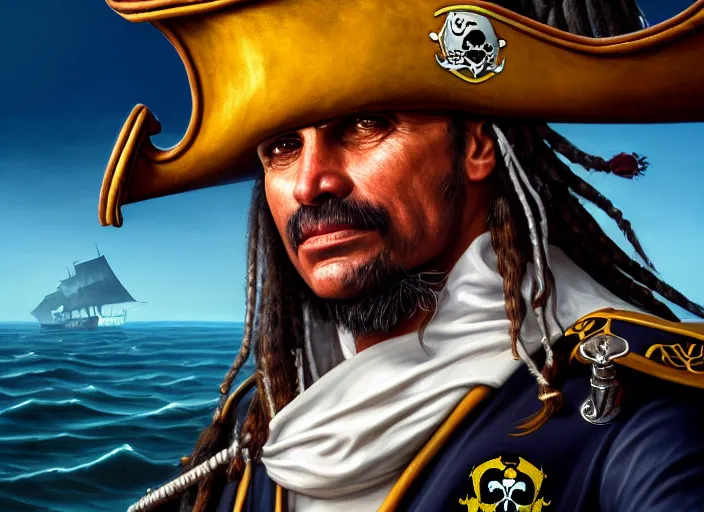 Image similar to highly detailed portrait of jair bolsonaro as a dread pirate captain, proudly posing at the helm of his frigate wearing a pirate hat, artstation, cinematic lighting, hyperdetailed, cgsociety, 8k, high resolution, insanely detailed and intricate