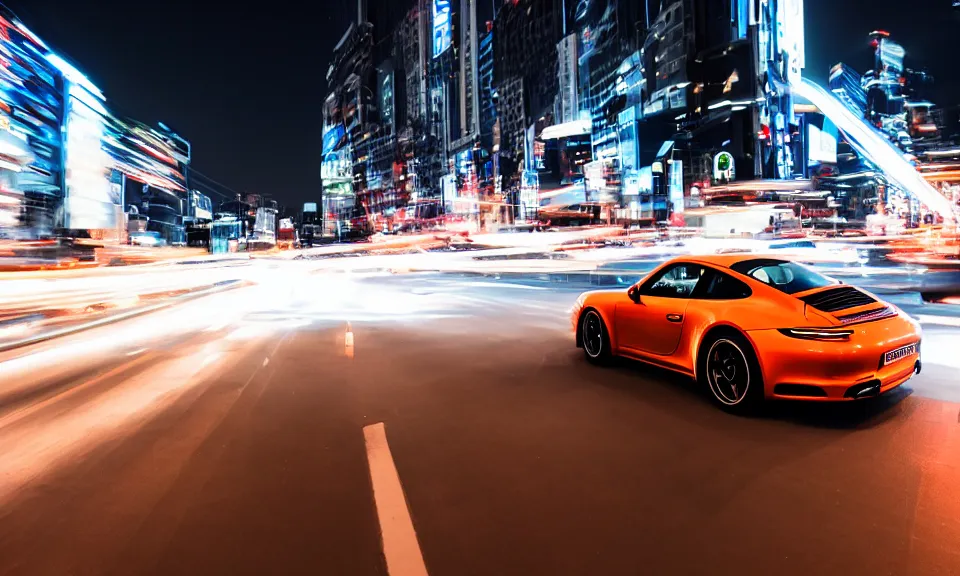 Image similar to photo of a porsche 911 at night driving fast through a city, cinematic, 4k, long exposure photography, tokyo drift, fast and furious, film still, night photography, motion blur, lens flare