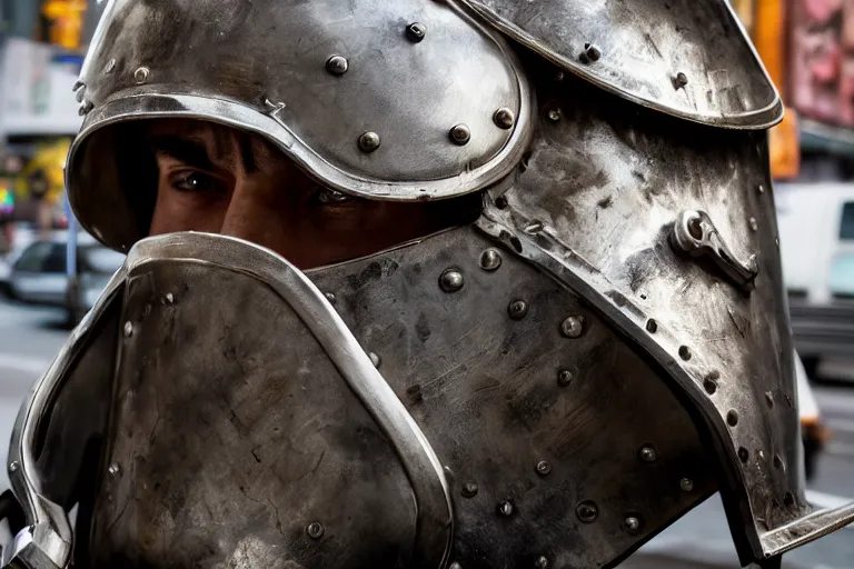 Image similar to closeup potrait of man in plate armor at a busy new york intersection, natural light, sharp, detailed face, magazine, press, photo, Steve McCurry, David Lazar, Canon, Nikon, focus