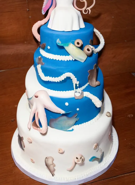 Prompt: a wedding cake with a squid and a whale on top