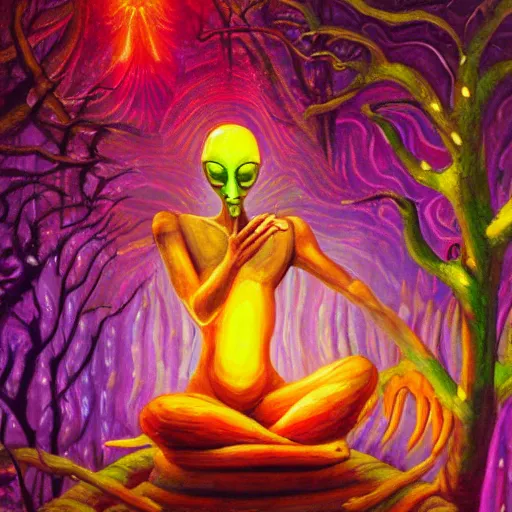 Image similar to painting of a tranquil alien made of light and glows meditating in dense forest by Terence McKenna, acrylic art, ethereal, soothing, somber, elegant, warm light, cozy, breathtaking,